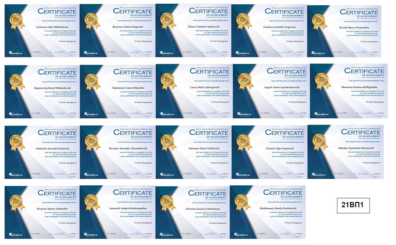 Студенты четвертого курса групп 21ВП1 и 21ВП2 успешно сдали сертификационный экзамен и получили Международные сертификаты по курсу IT Project Management (Управление IT проектами).